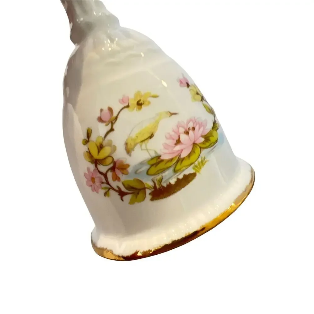 Vintage Bone China Hand Bell Lotus Flower Bird Motif 5.5”